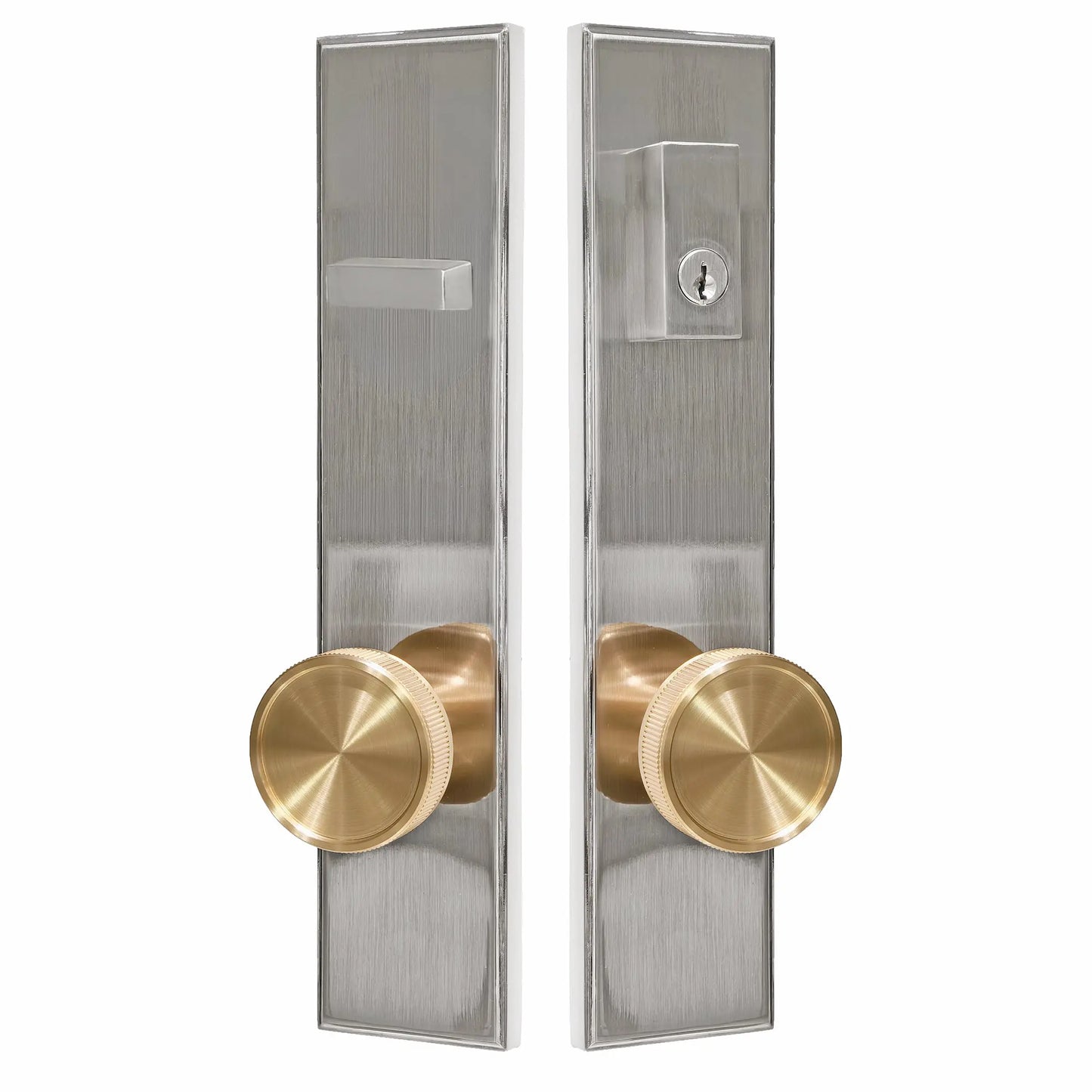 Quadrato Multipoint Lock with Straight Knurled Brass Knob in Satin Nickel zhongshan sunshine hardware Co., Ltd