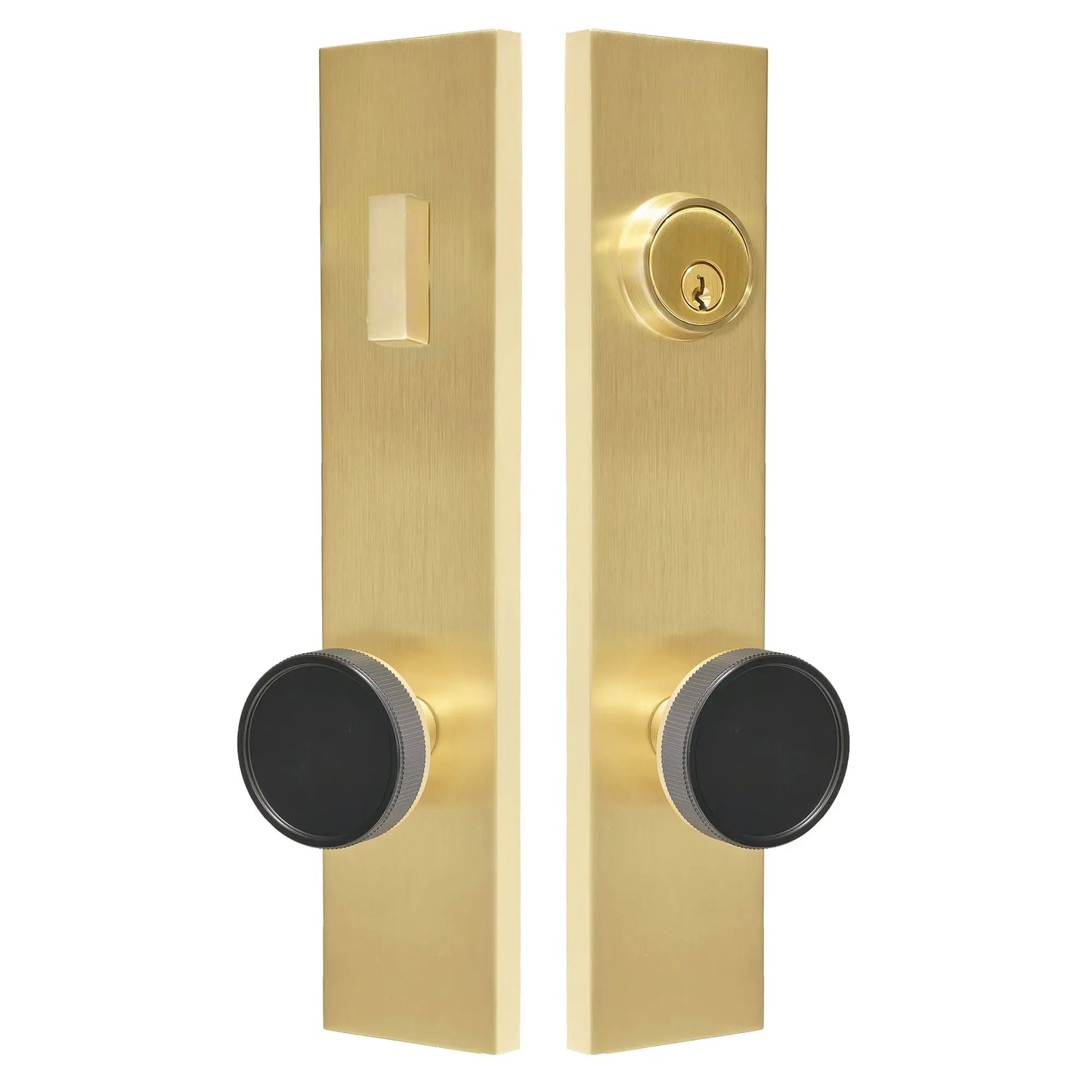 Quadrato Multipoint Lock with Straight Knurled Door Knob Set in Satin Brass zhongshan sunshine hardware Co., Ltd
