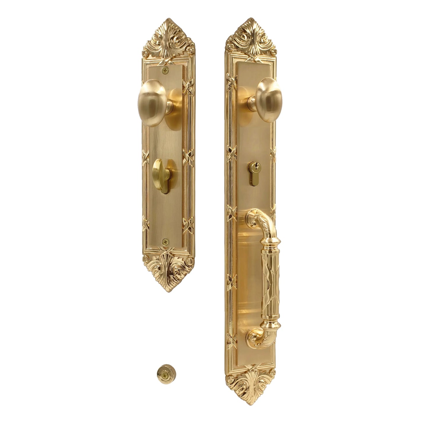 Westminster One-Piece Door Handleset with Classic Grip and Circolo Rosette with Contempo Goose Eggs-shaped Knob in Polished Brass zhongshan sunshine hardware Co., Ltd