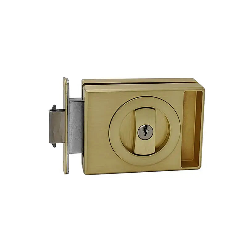 The front of the assembled glass pocket door lock