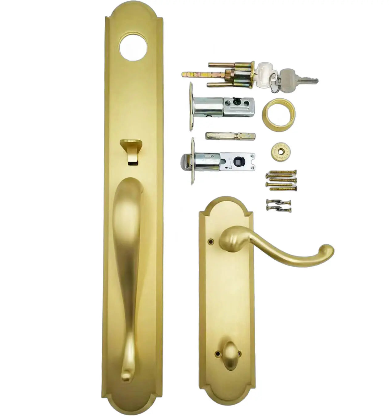 All components of the golden curved handle entrance door