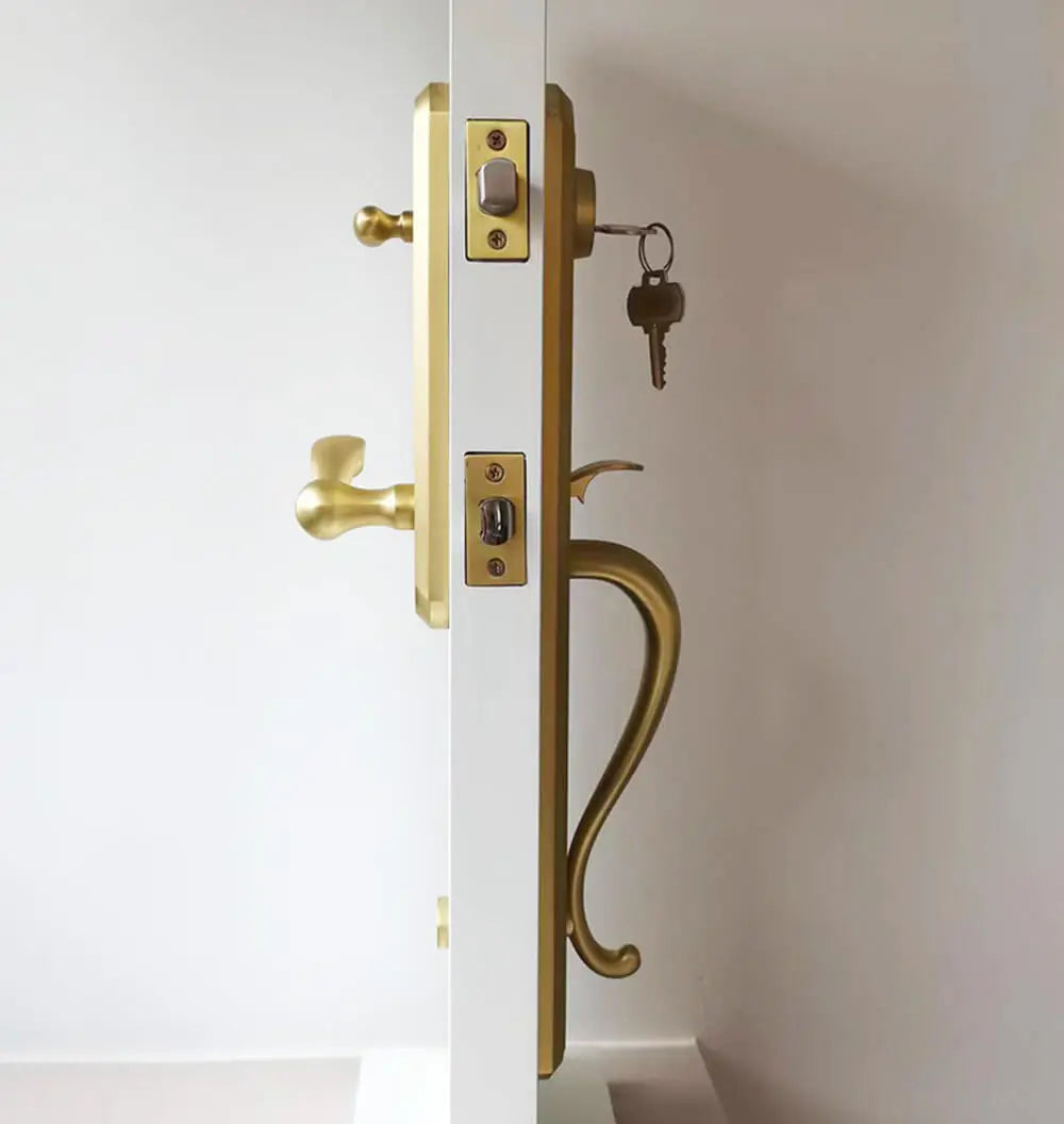 The effect of the golden curved handle on the side of the entrance door lock