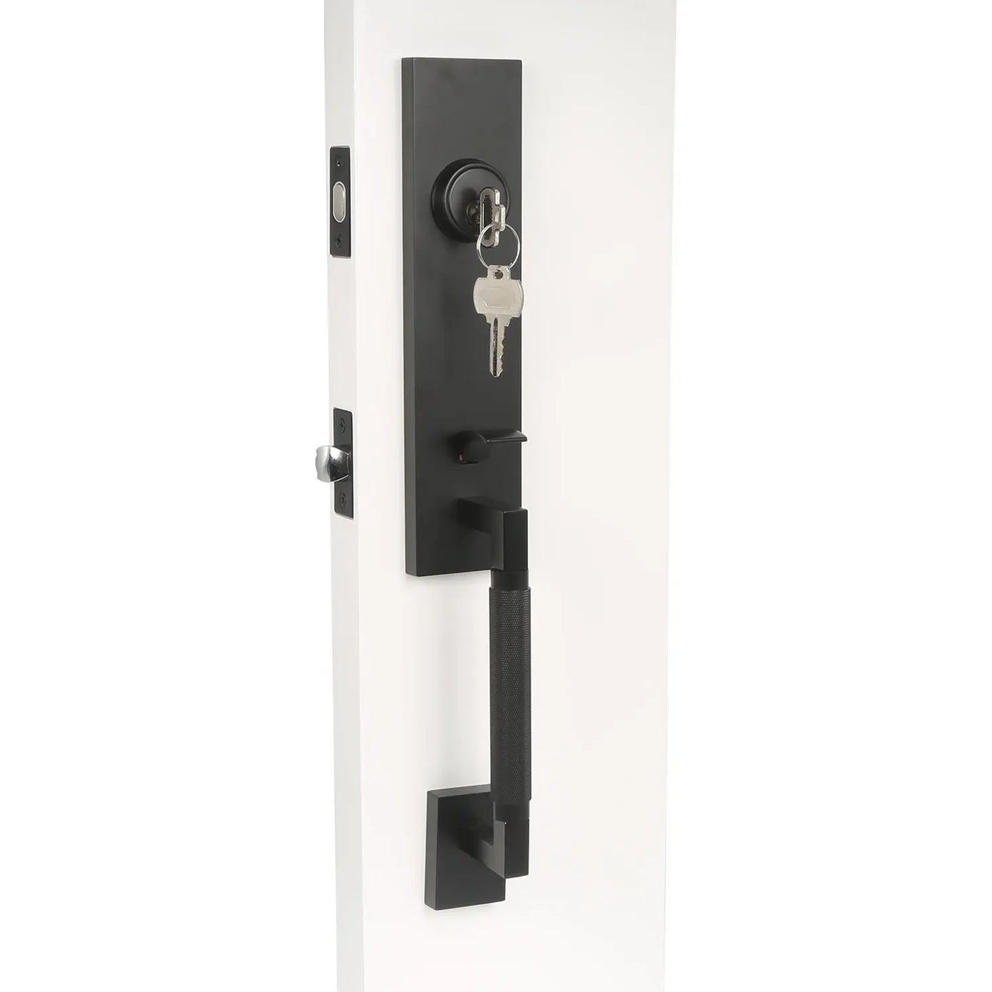 Half rolled flower door handle, entrance door lock installation, and outer side on the lock frame