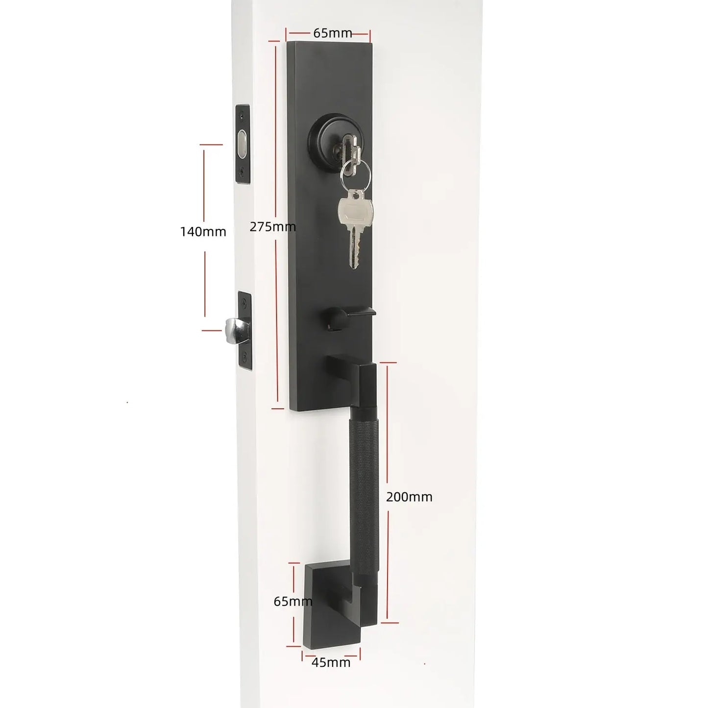 Detailed dimensions of the half knurled handle entrance door lock