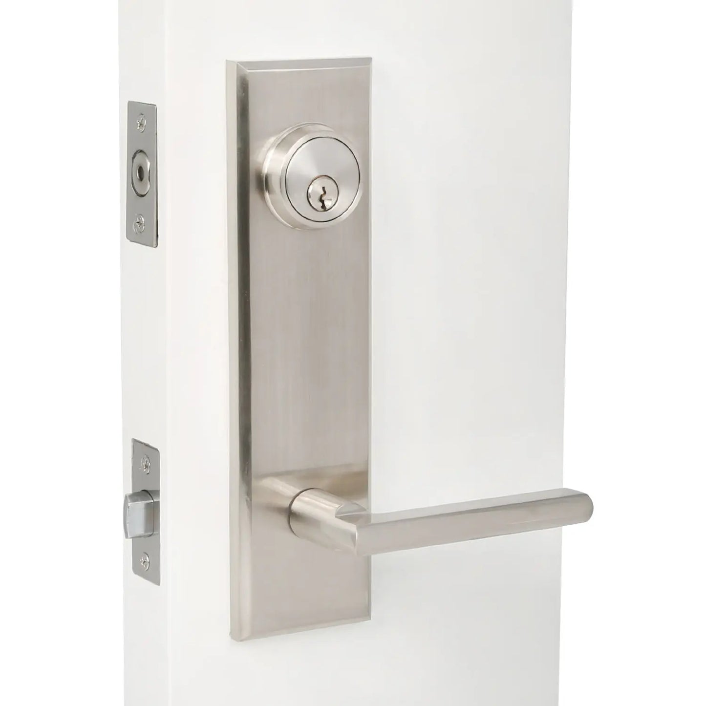 Quadrato Multi Point Lock with Kirill Handle in Satin Nickel Installation Effect Picture