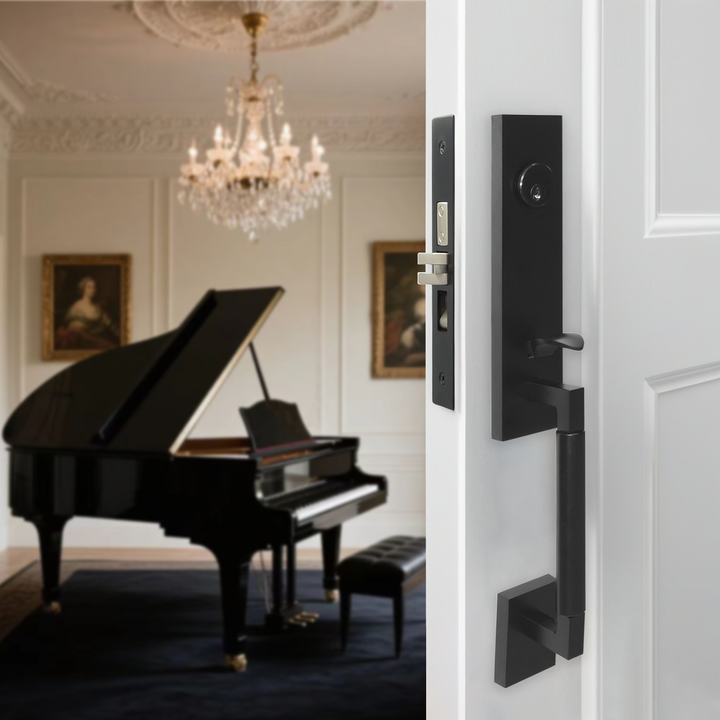 Split Matte black door handleset install effect