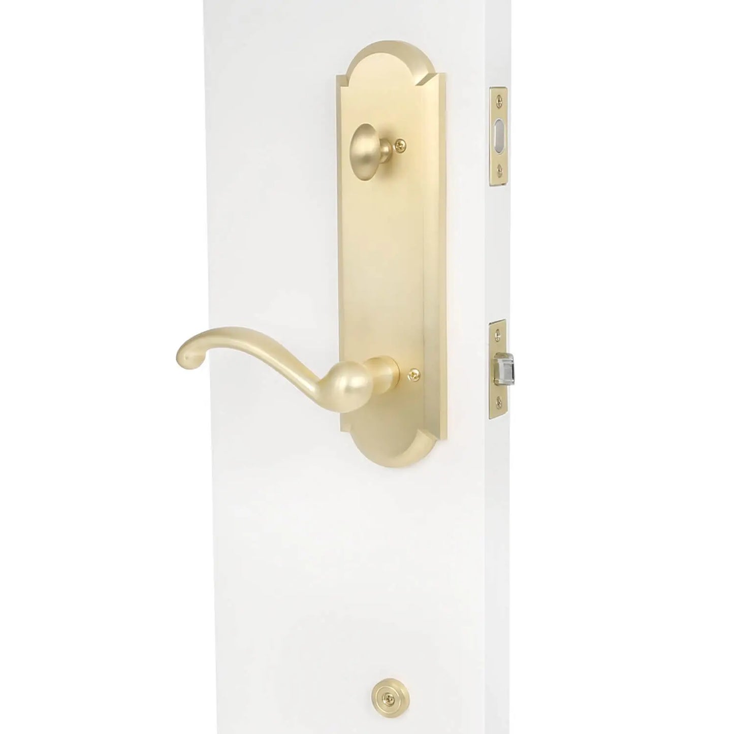 The inside condition of the golden curved handle entrance door lock