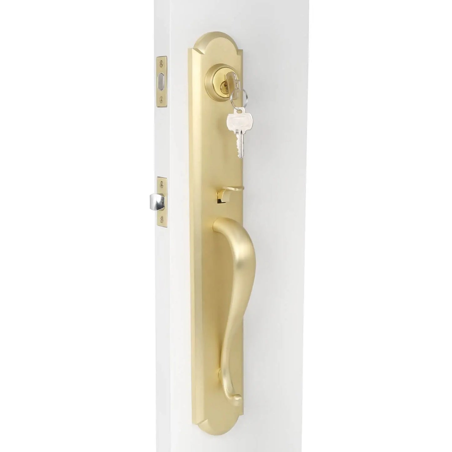 The outer condition of the golden curved handle entrance door lock