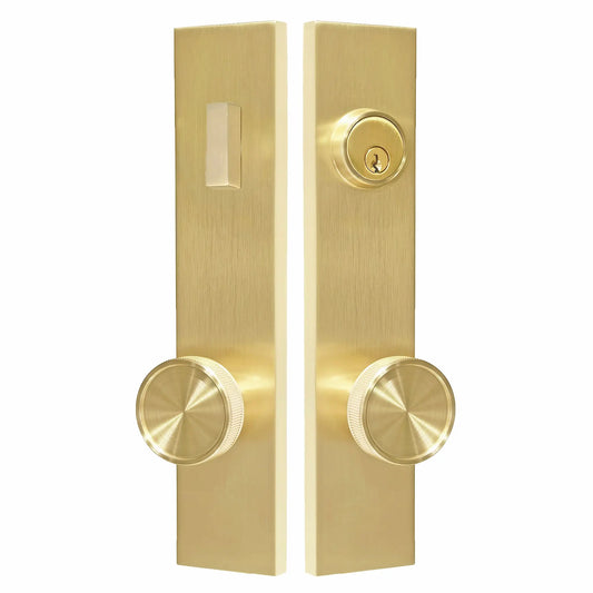 Quadrato Multipoint Lock with Straight Knurled Brass Door Knob in Satin Brass zhongshan sunshine hardware Co., Ltd