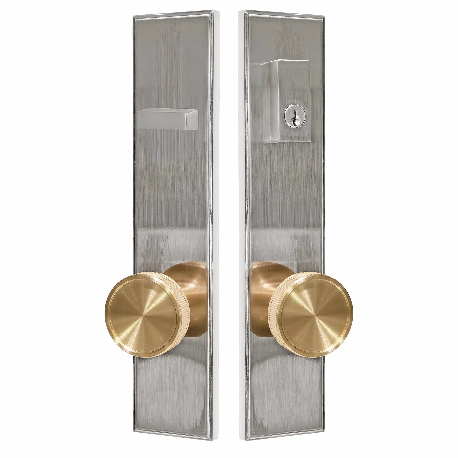 Quadrato Multipoint Lock with Straight Knurled Brass Knob in Satin Nickel zhongshan sunshine hardware Co., Ltd