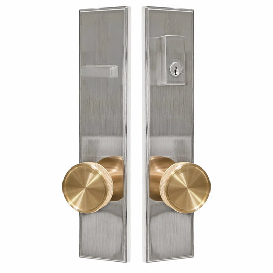 Quadrato Multipoint Lock with Straight Knurled Brass Knob in Satin Nickel zhongshan sunshine hardware Co., Ltd