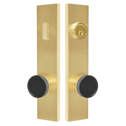 Quadrato Multipoint Lock with Straight Knurled Door Knob Set in Satin Brass zhongshan sunshine hardware Co., Ltd