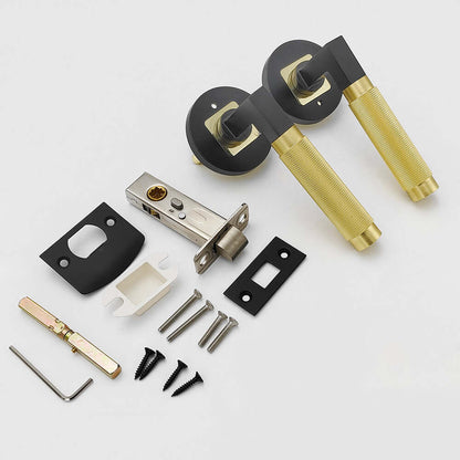 All the components of a round two-tone locking plate semi-knurled door handle in black gold colour 