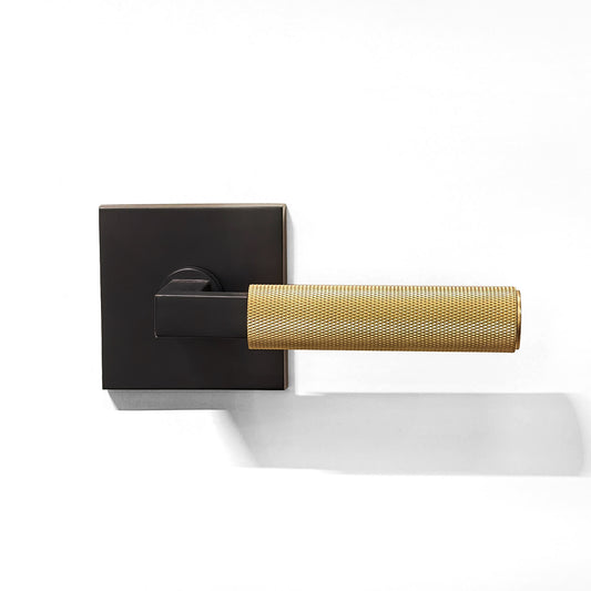 Black and gold square lock plate full knurled design door handle picture