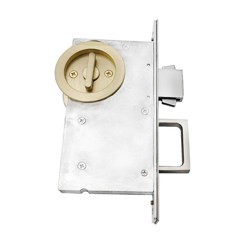 Front assembled gold pocket door lock