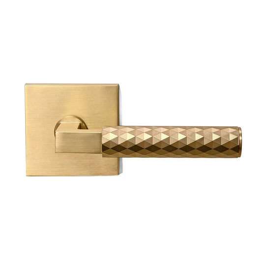 Gold-colored square lock plate thin ribbed design door handle picture 