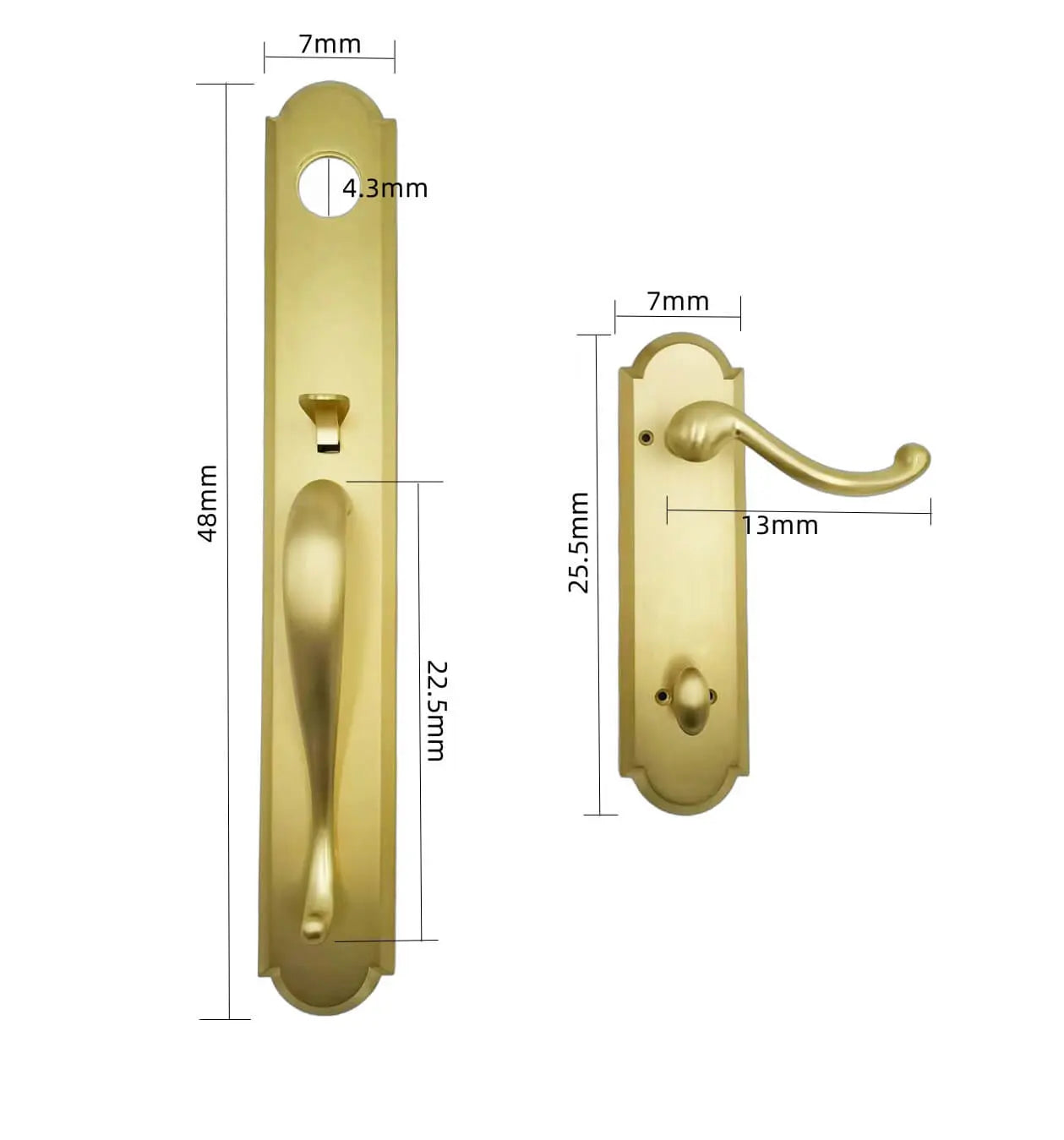 Detailed dimensions of the golden curved handle entrance door lock