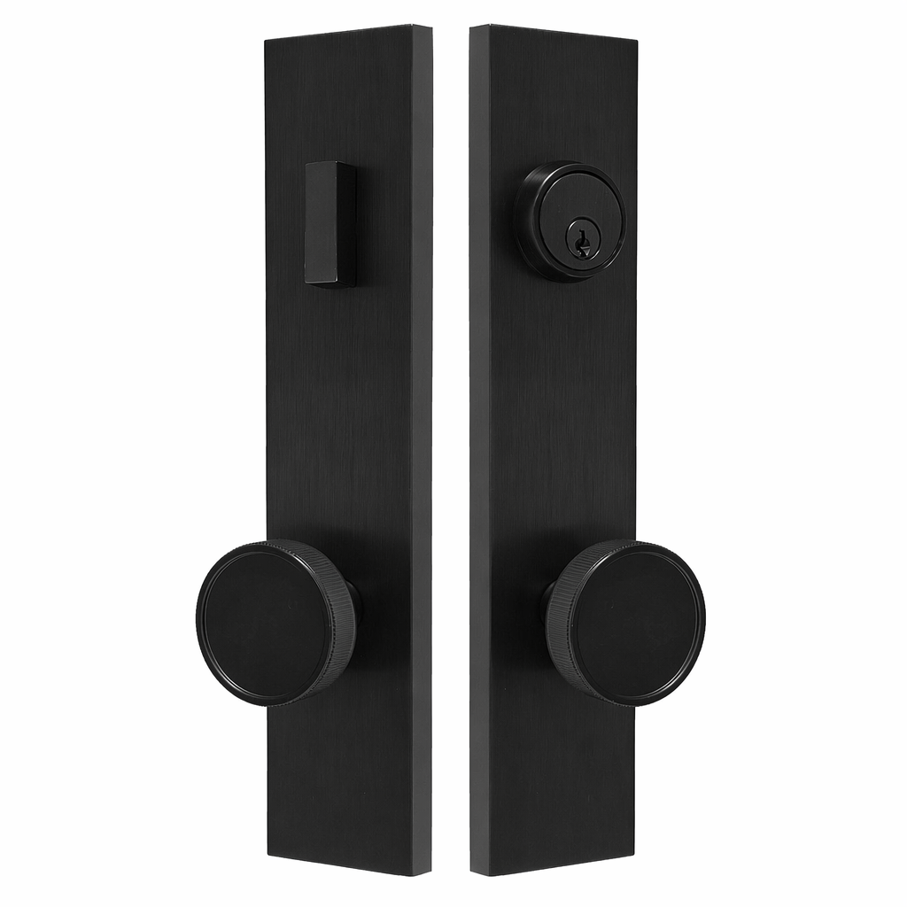 Quadrato Multipoint Lock with Straight Knurled Brass Knob in Matte Black