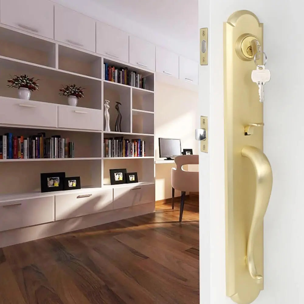 The effect of installing the golden curved handle entrance door lock on the door