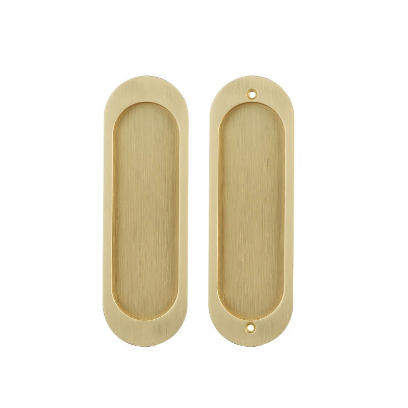 The lock plates of two golden sliding door locks