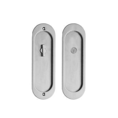 The lock plates of two silver sliding door locks