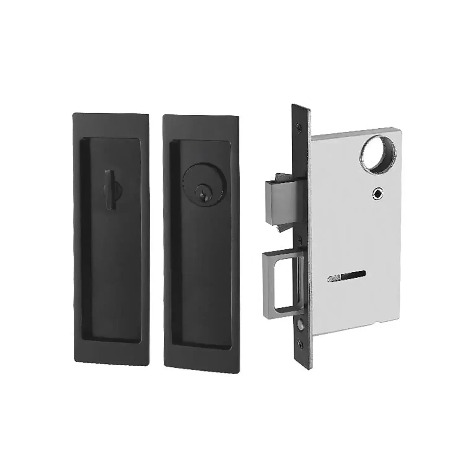 Matte black pocket door locks entrance