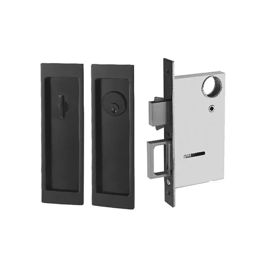 Matte black pocket door locks entrance