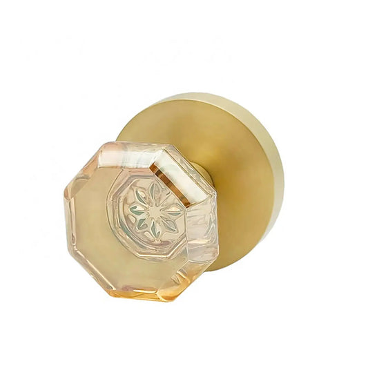Orbicular Rosette with Octagonal shape Crystal Door Knob in Satin Brass Left Side Picture