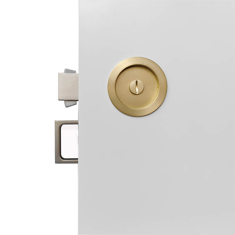 Front rendering of the golden privacy pocket door lock