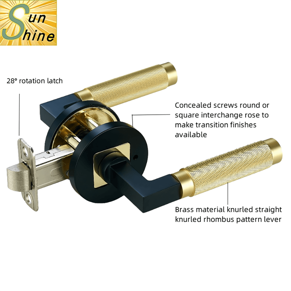 Presentation of the constituent parts of the round two-tone locking plate semi-knurled door handle in black and gold colour 