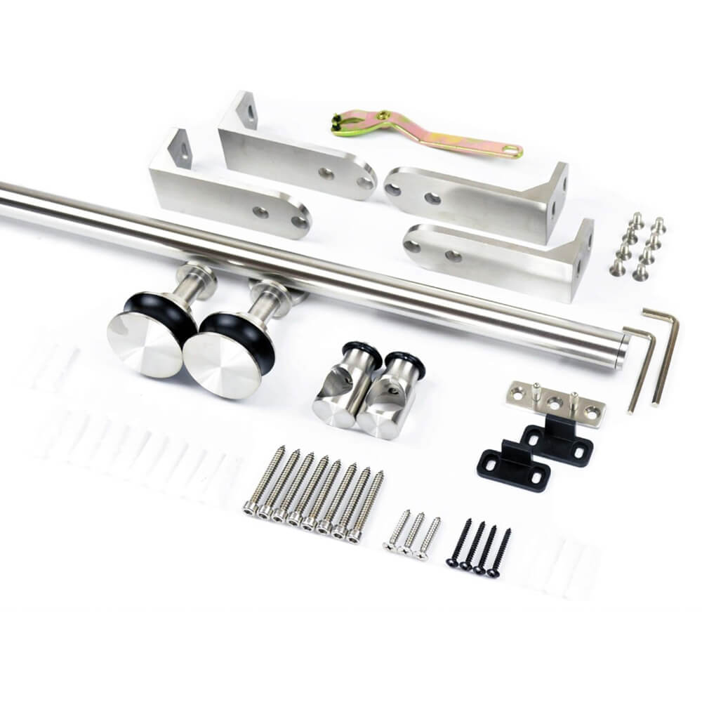 All assembly components of side-mount barn door hardware kit