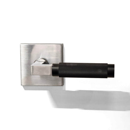 Rectangular locking plate half knurled door handle in silver and black color