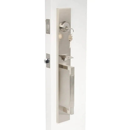 Silver straight knurled entrance door lock with lock