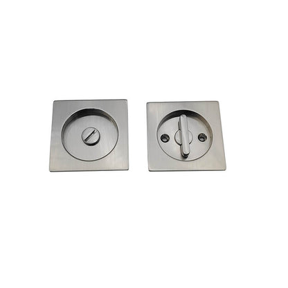 Two silver square pocket door locks with locking plates