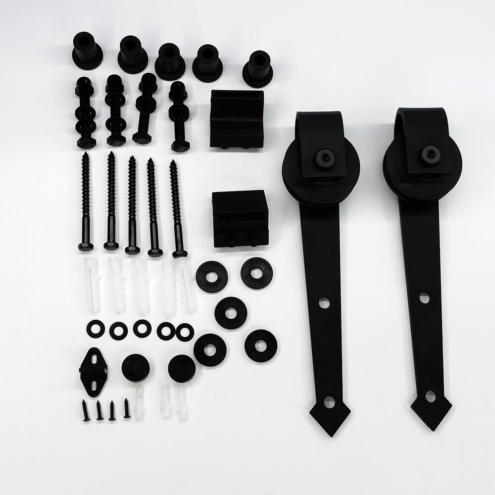 All components of the arrow shaped barn door hardware kit