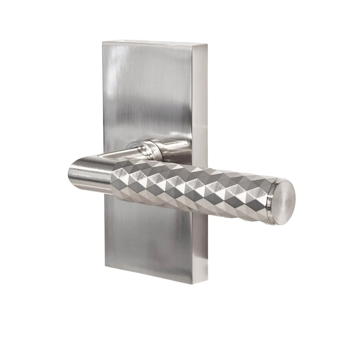 Metallic door handle with diamond pattern on a white background