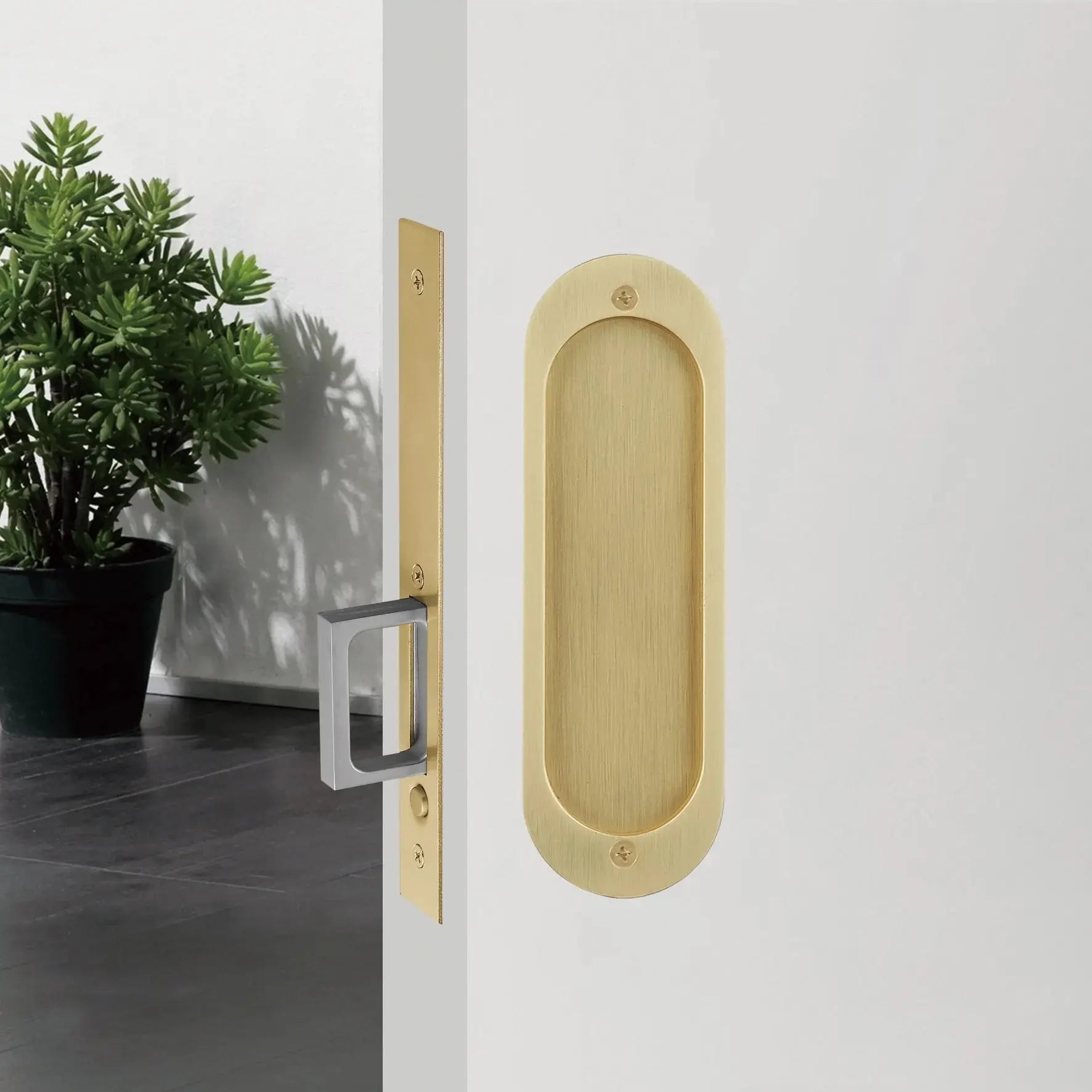 satin brass pocket door locks on the doors