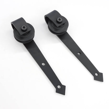 Pulleys and arm bars for two barn door hardware sets