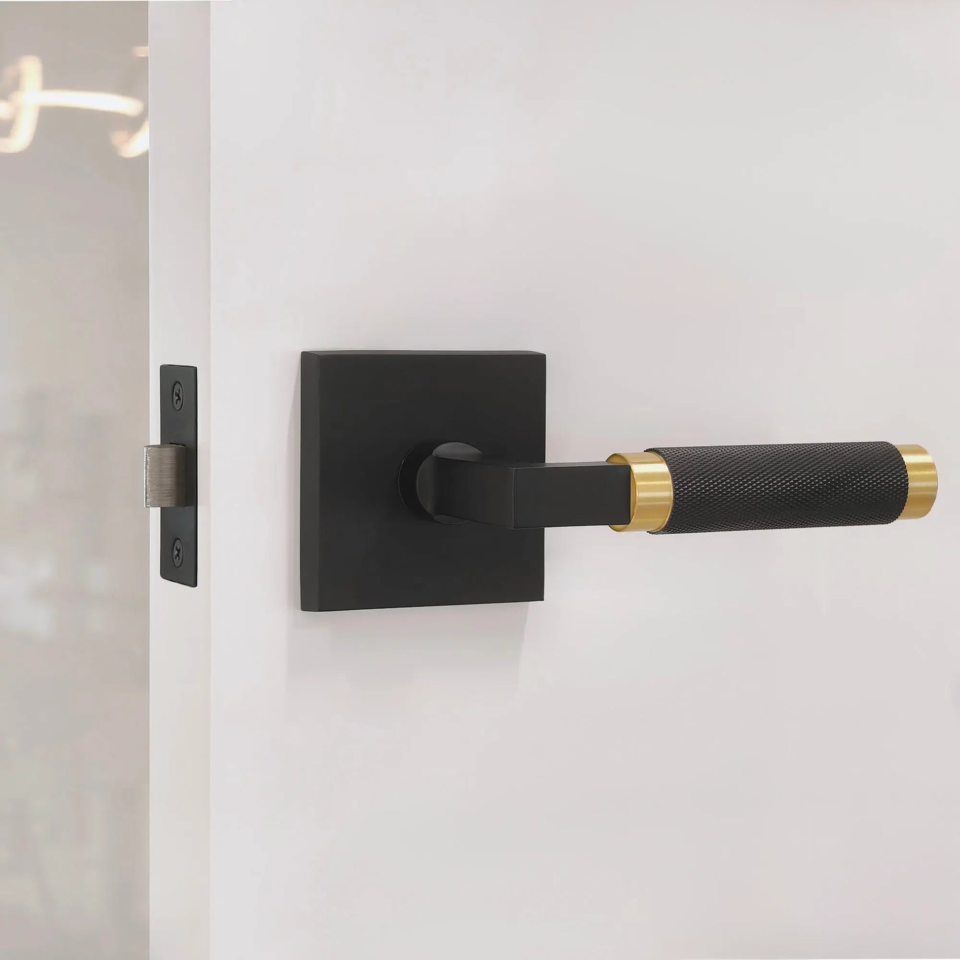 Black door handle with gold accent on a white door