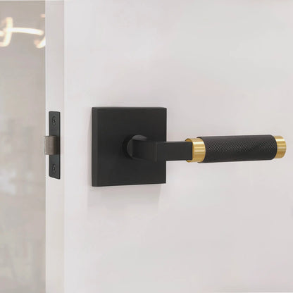Black door handle with gold accent on a white door